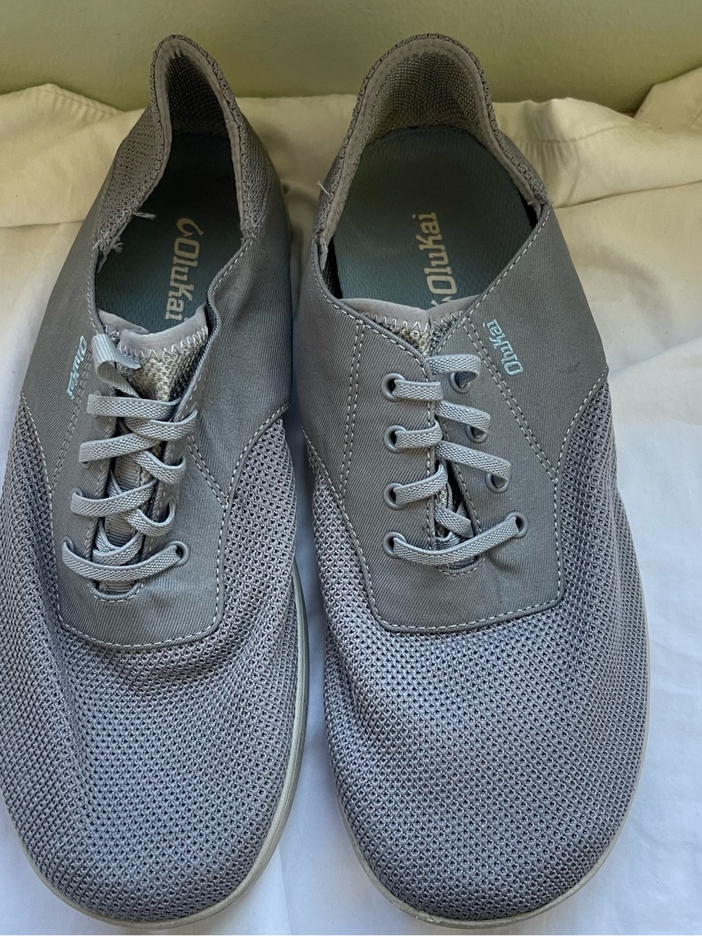 OluKai Nohea Moku Men 10 Gray Mesh Boat Shoes Slip On Loafer Lace Up Casual
